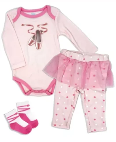 Baby Girls 3 Piece Ballet Bodysuit, Pants and Socks Set