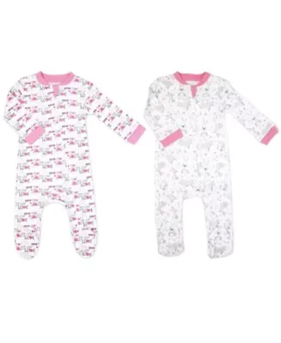 Baby Girls 2 Pack Zippered Footies, Pink Bunnies and Loved