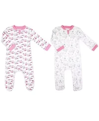 Baby Girls 2 Pack Zippered Footies, Pink Bunnies and Loved