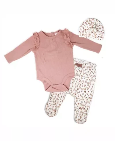 Baby Girls Take Me Home 3 Piece Layette Set, Mauve Leopard