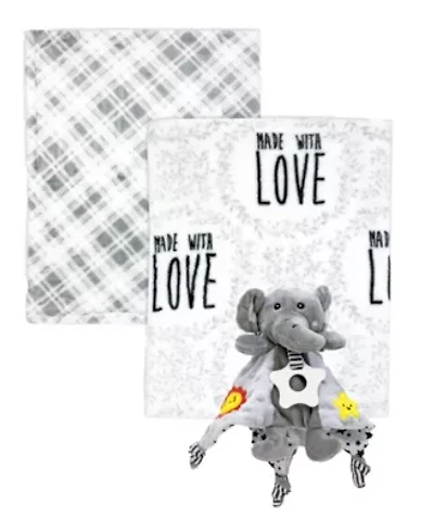 Baby Boys and Girls 3 Piece Fleece Blanket Taggy Toy Gift Assortment