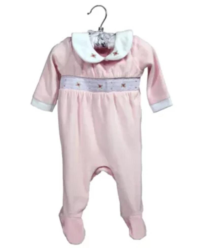 Baby Girls Luxury Smocked Velour Footed 1 Piece Coverall, Pink Rose