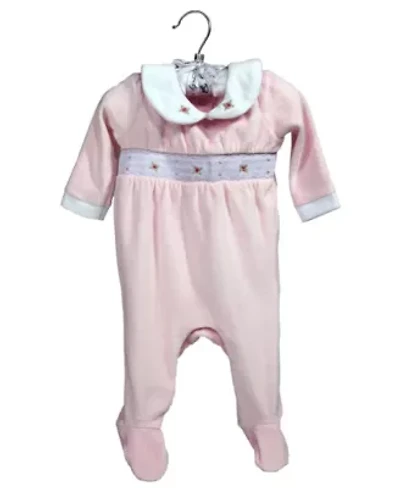 Baby Girls Luxury Smocked Velour Footed 1 Piece Coverall, Pink Rose