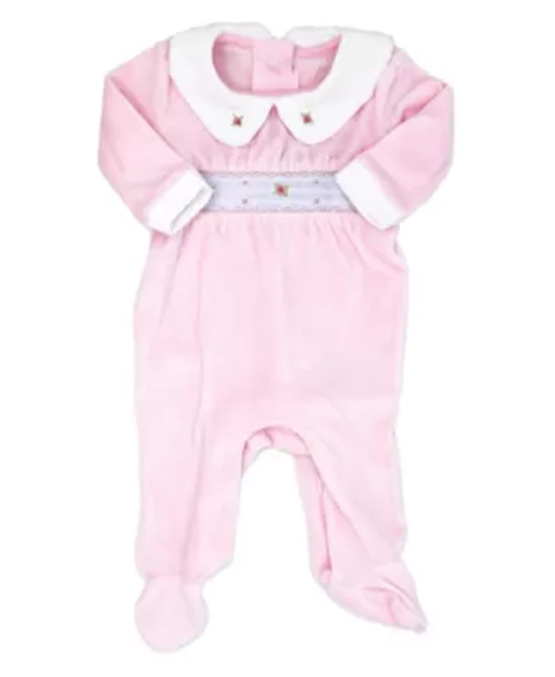 Baby Girls Luxury Smocked Velour Footed 1 Piece Coverall, Pink Rose