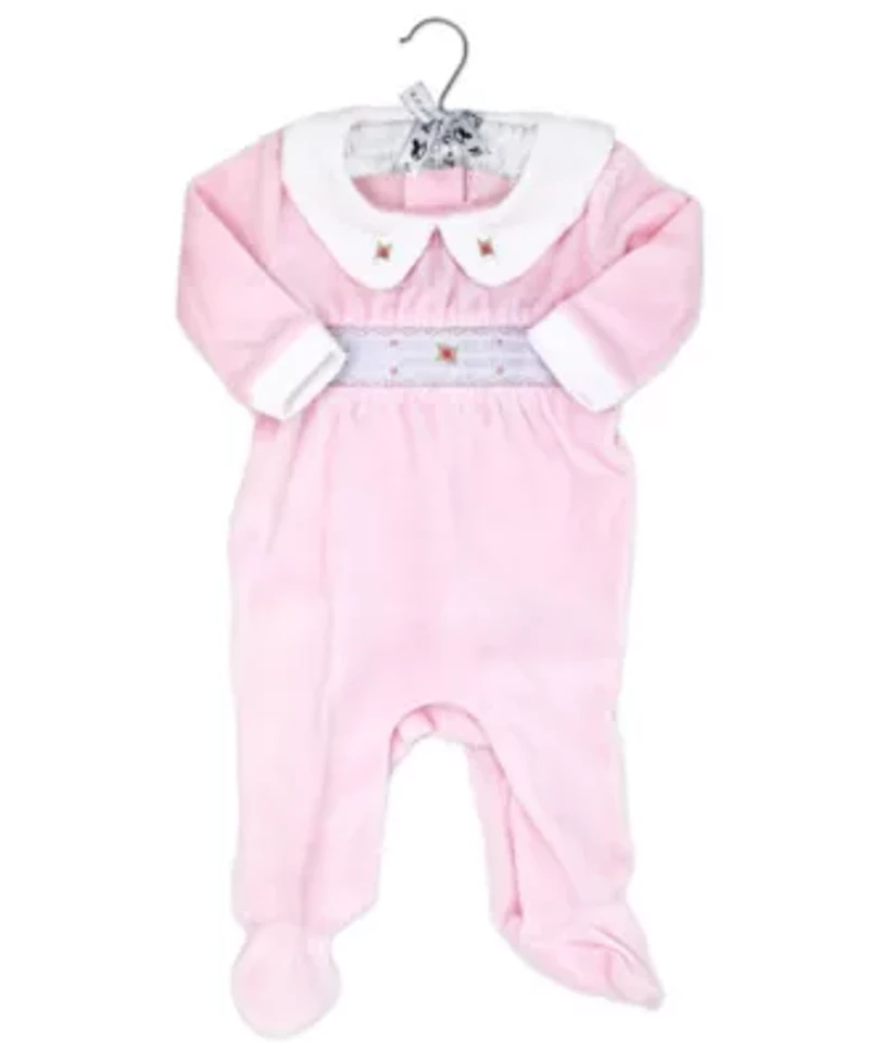 Baby Girls Luxury Smocked Velour Footed 1 Piece Coverall, Pink Rose