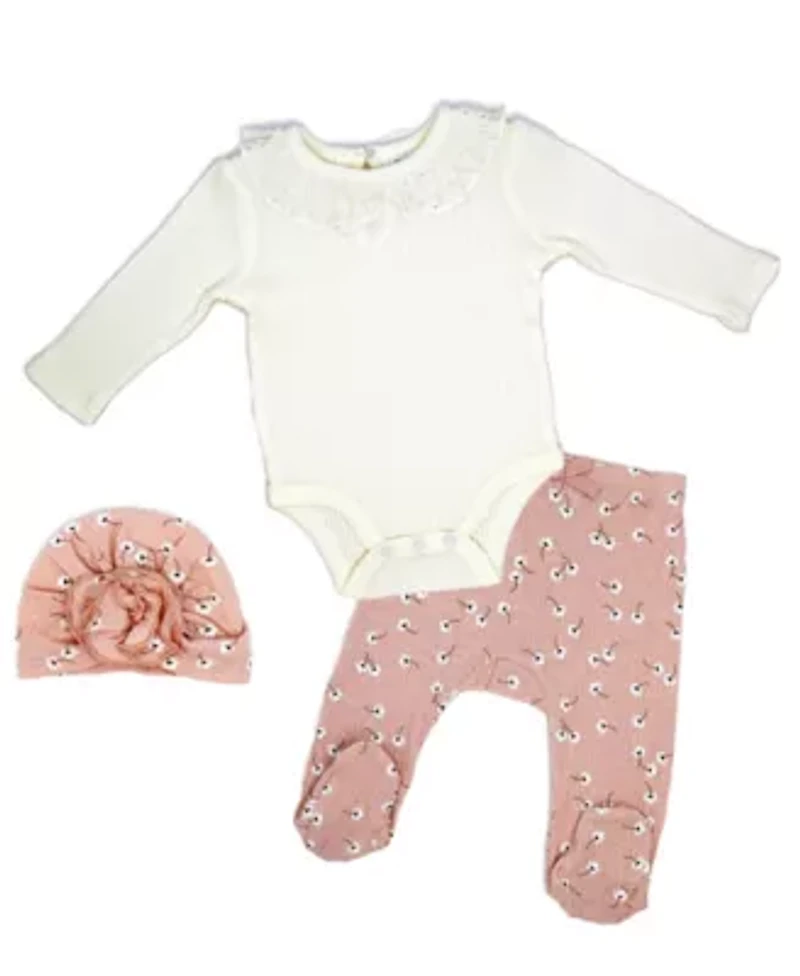 Baby Girls 3 Piece Pink Floral Take Me Home Footed Layette Set