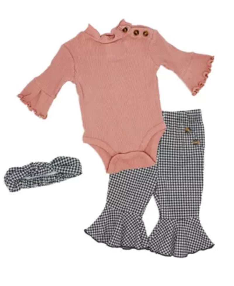 Baby Girls 3 Piece Pink Houndstooth Ponte Bell Pant Set