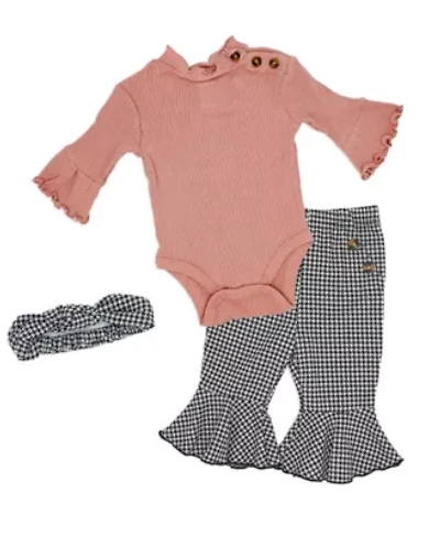 Baby Girls 3 Piece Pink Houndstooth Ponte Bell Pant Set