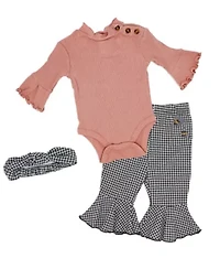 Baby Girls 3 Piece Pink Houndstooth Ponte Bell Pant Set