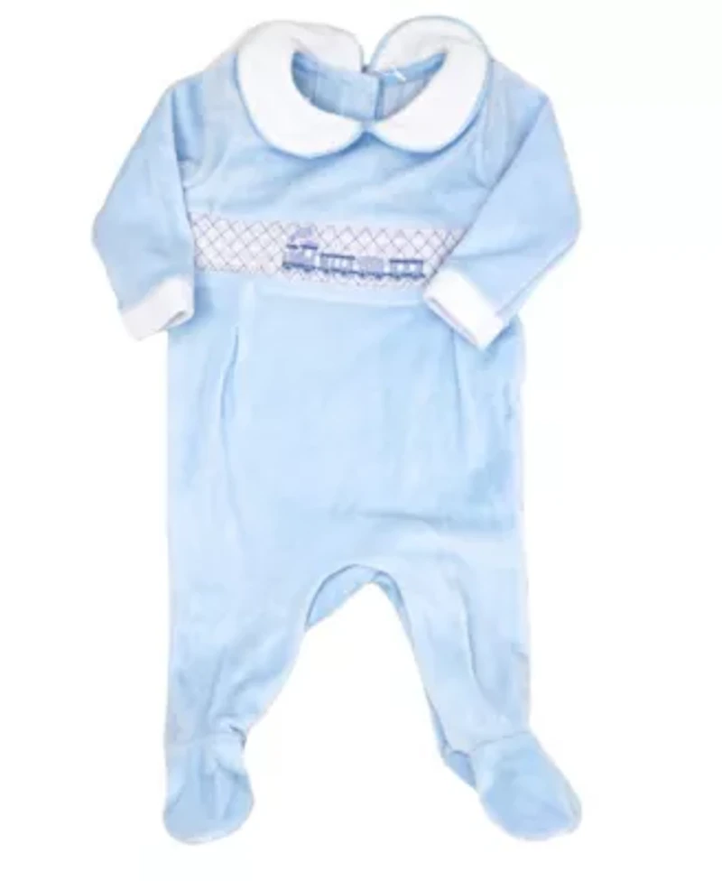 Baby Boys Luxury Smocked Velour Footed 1 Piece Coverall, Blue Train