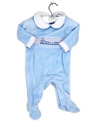 Baby Boys Luxury Smocked Velour Footed 1 Piece Coverall, Blue Train