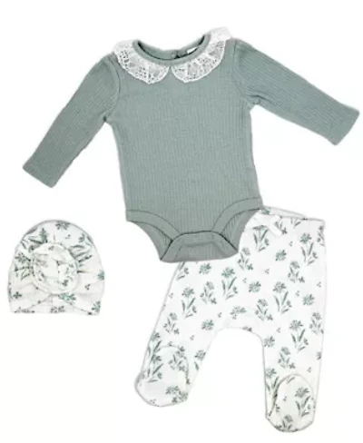 Baby Girls 3 Piece Aqua Blue Floral Take Me Home Footed Layette Set