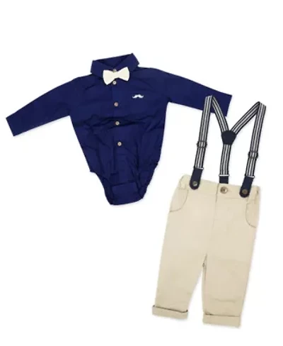 Baby Boys 4 Piece Suspender and Khaki Bowtie Clothing Set