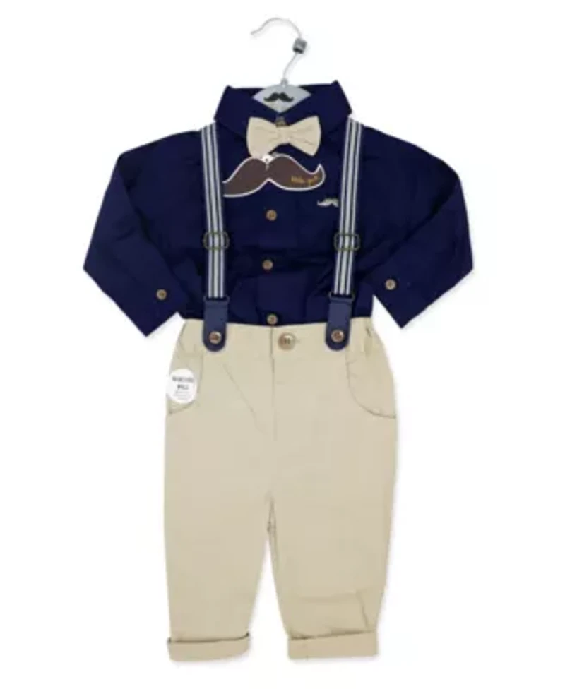 Baby Boys 4 Piece Suspender and Khaki Bowtie Clothing Set