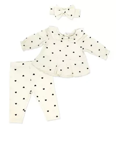 Baby Girls Tiny Hearts 3 Piece Top, Leggings, and Headband Set