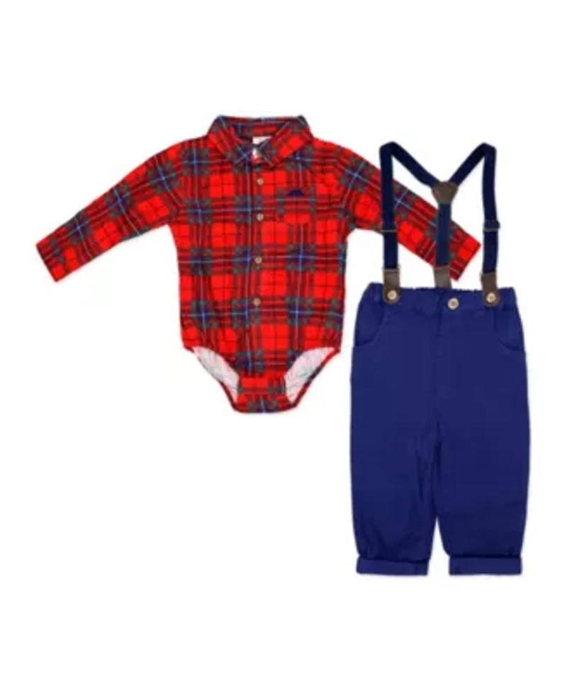 Toddler Boys 4 Piece Red Plaid Suspender and Bowtie Set