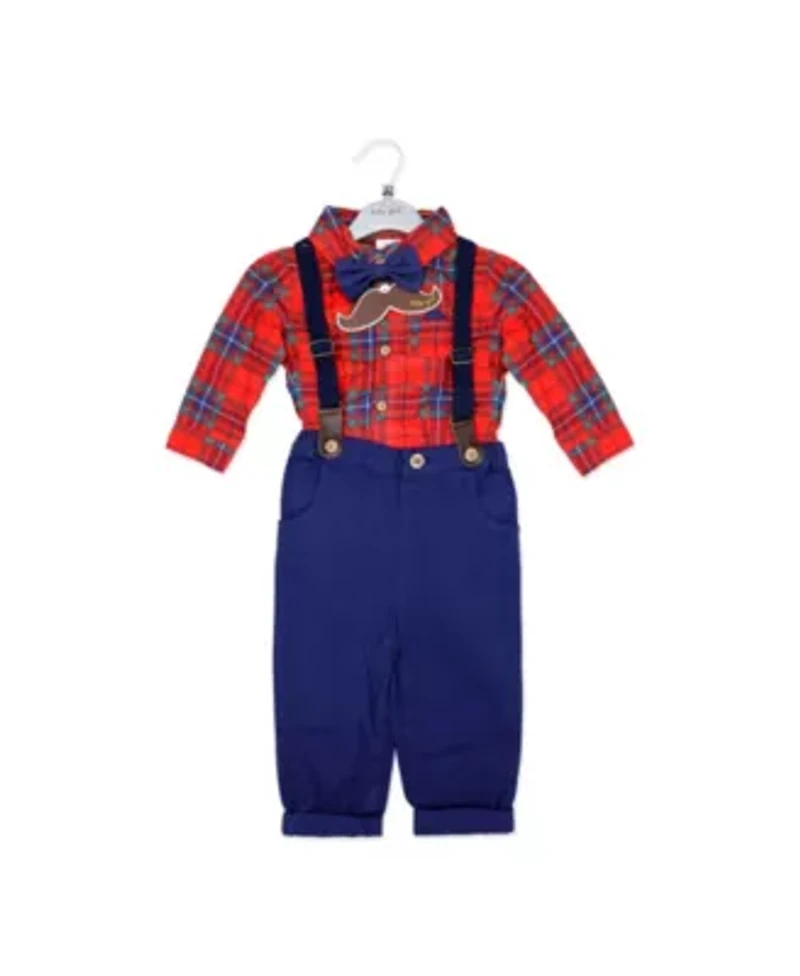 Toddler Boys 4 Piece Red Plaid Suspender and Bowtie Set