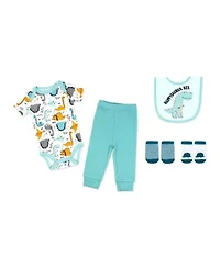 Baby Boys Dino 5 Piece Bodysuit, Pants, Bib, and Socks Set