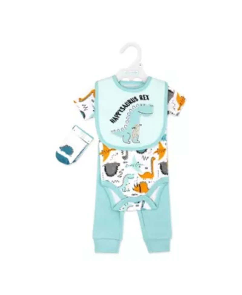 Baby Boys Dino 5 Piece Bodysuit, Pants, Bib, and Socks Set
