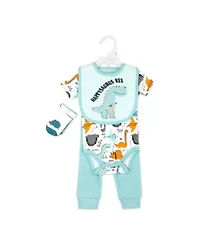 Baby Boys Dino 5 Piece Bodysuit, Pants, Bib, and Socks Set