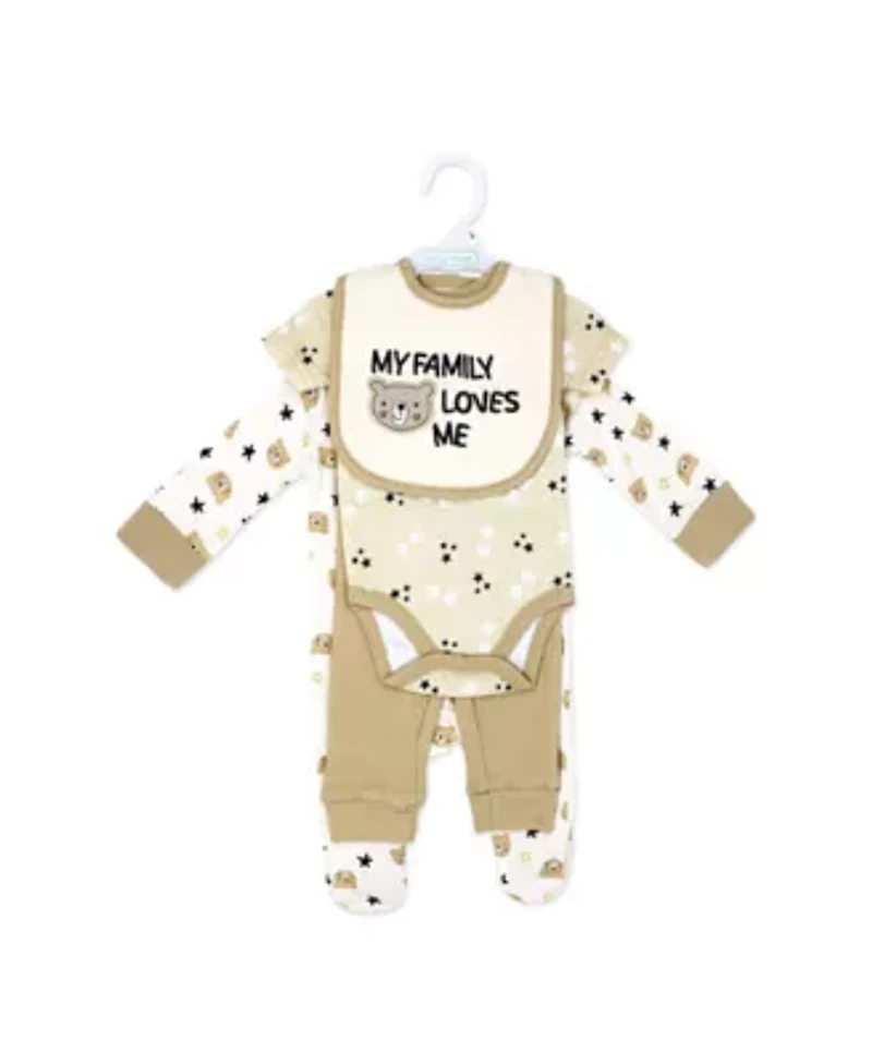 Baby Neutral My Family Loves Me 4 Piece Bodysuit, Pants, Footed Sleeper, and Bib Set
