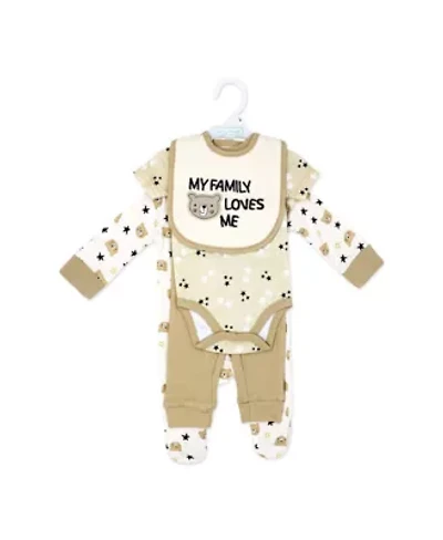 Baby Neutral My Family Loves Me 4 Piece Bodysuit, Pants, Footed Sleeper, and Bib Set