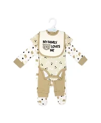 Baby Neutral My Family Loves Me 4 Piece Bodysuit, Pants, Footed Sleeper, and Bib Set
