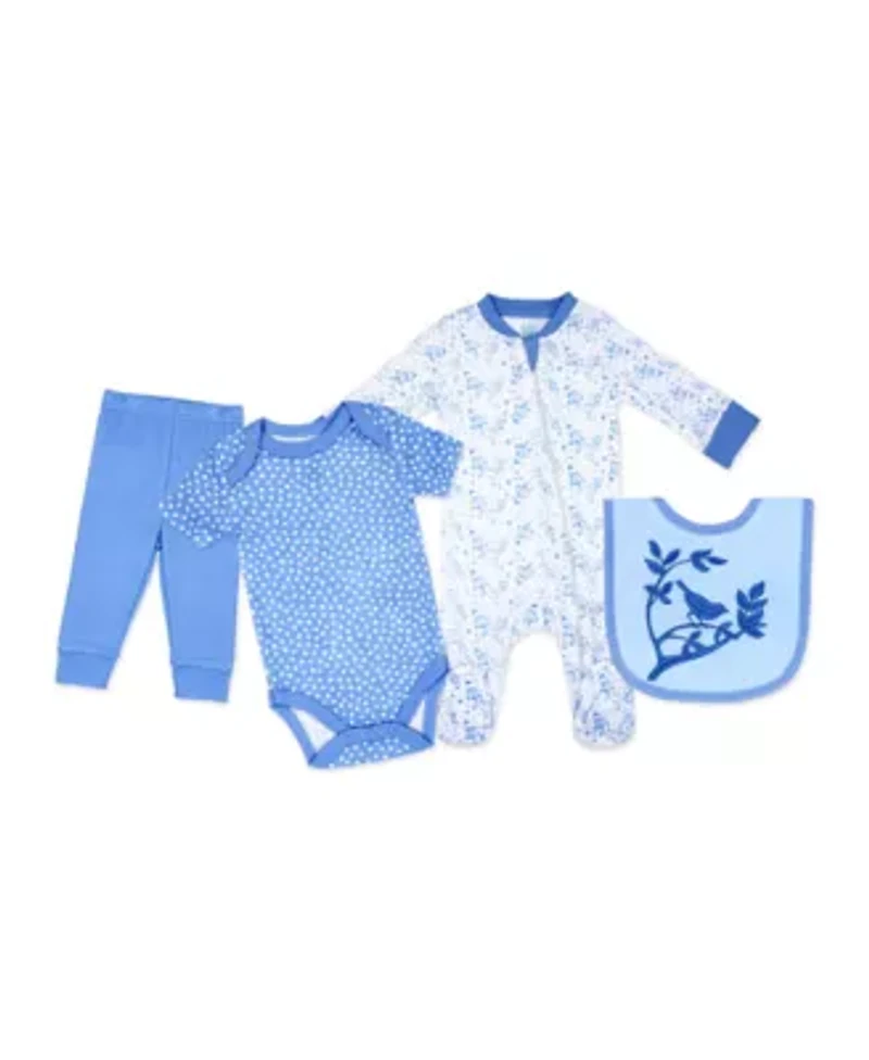 Baby Girls Bluebirds 4 Piece Bodysuit, Pants, Footed Sleeper, and Bib Set