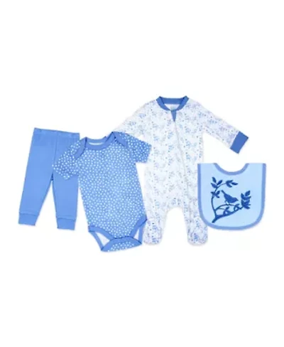 Baby Girls Bluebirds 4 Piece Bodysuit, Pants, Footed Sleeper, and Bib Set