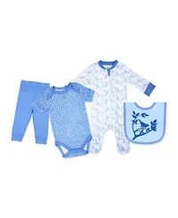 Baby Girls Bluebirds 4 Piece Bodysuit, Pants, Footed Sleeper, and Bib Set