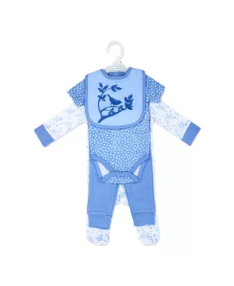 Baby Girls Bluebirds 4 Piece Bodysuit, Pants, Footed Sleeper, and Bib Set