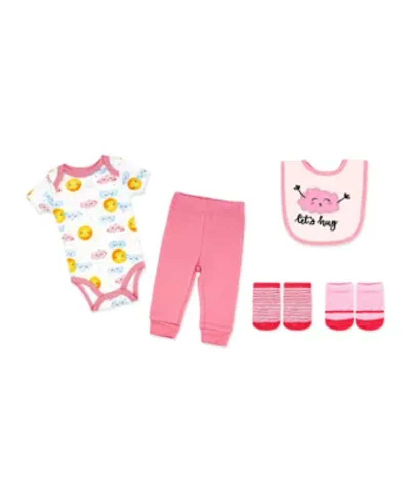 Baby Girls Let's Hug 5 Piece Bodysuit, Pants, Bib, and Socks Set