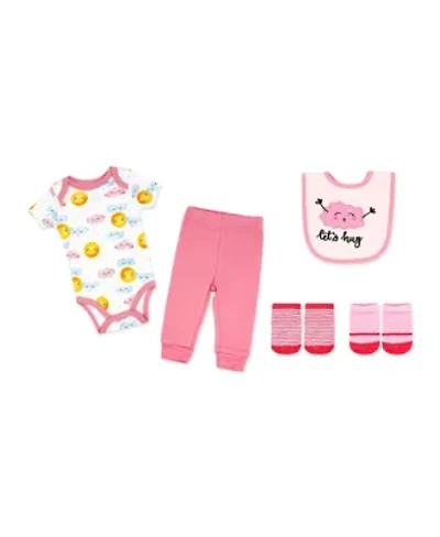 Baby Girls Let's Hug 5 Piece Bodysuit, Pants, Bib, and Socks Set