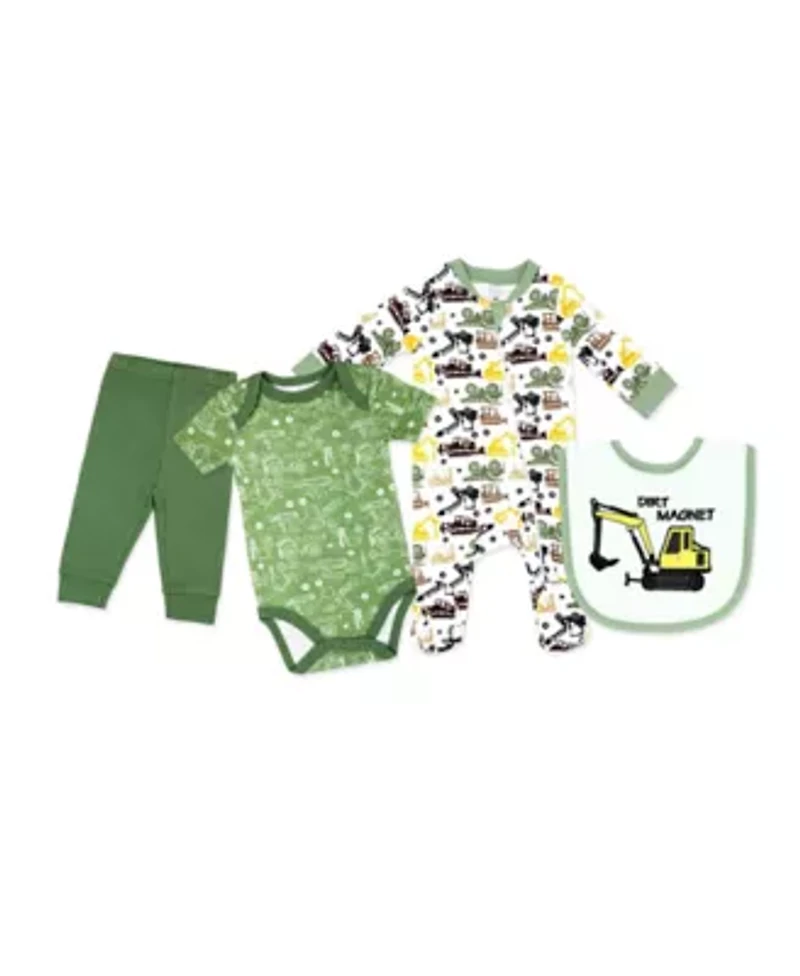 Baby Boys Dirt Magnet Construction 4 Piece Bodysuit, Pants, Footed Sleeper, and Bib Set