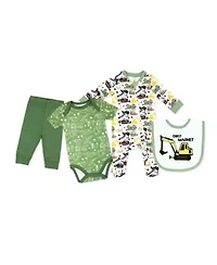 Baby Boys Dirt Magnet Construction 4 Piece Bodysuit, Pants, Footed Sleeper, and Bib Set