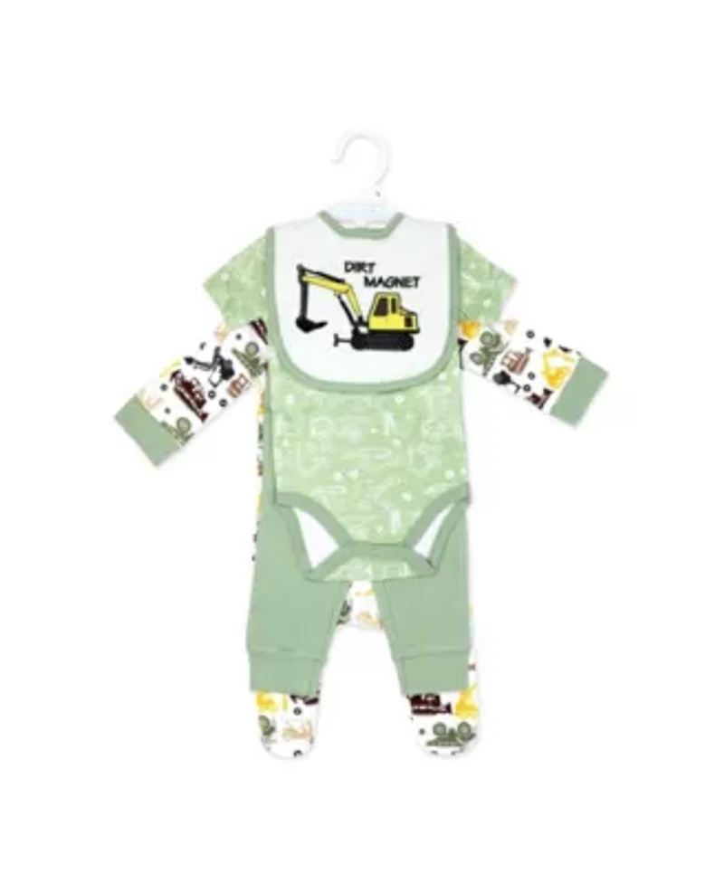 Baby Boys Dirt Magnet Construction 4 Piece Bodysuit, Pants, Footed Sleeper, and Bib Set