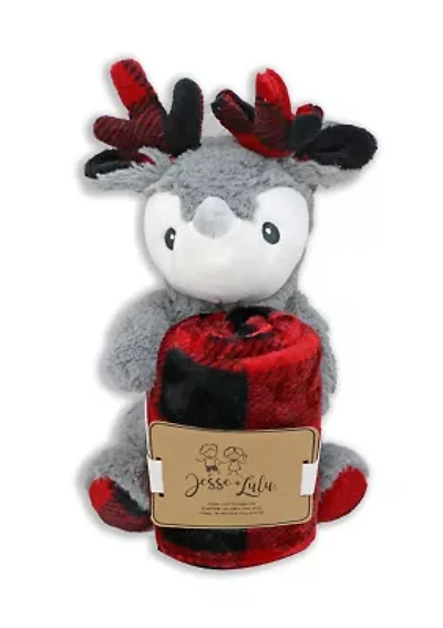 Baby Boys and Girls Check Blanket with Reindeer Plush Toy