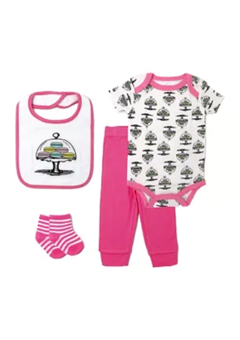Baby Girls Macaron 4 Piece Box Set, Includes Bodysuit, Pant, Socks and Bib
