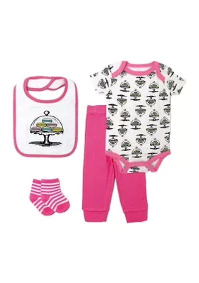 Baby Girls Macaron 4 Piece Box Set, Includes Bodysuit, Pant, Socks and Bib