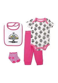 Baby Girls Macaron 4 Piece Box Set, Includes Bodysuit, Pant, Socks and Bib