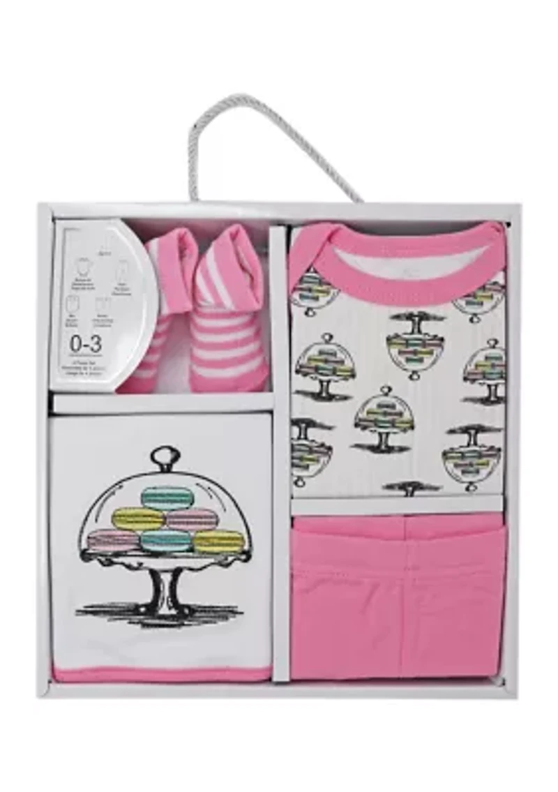Baby Girls Macaron 4 Piece Box Set, Includes Bodysuit, Pant, Socks and Bib