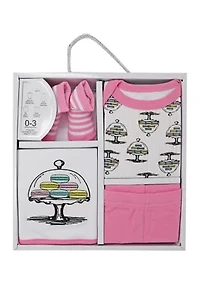 Baby Girls Macaron 4 Piece Box Set, Includes Bodysuit, Pant, Socks and Bib