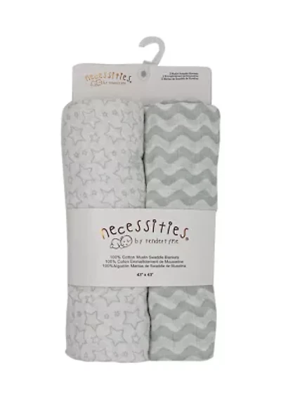 Baby Stars Waves 2 Pack Muslin Swaddle Blankets - Gray Prints