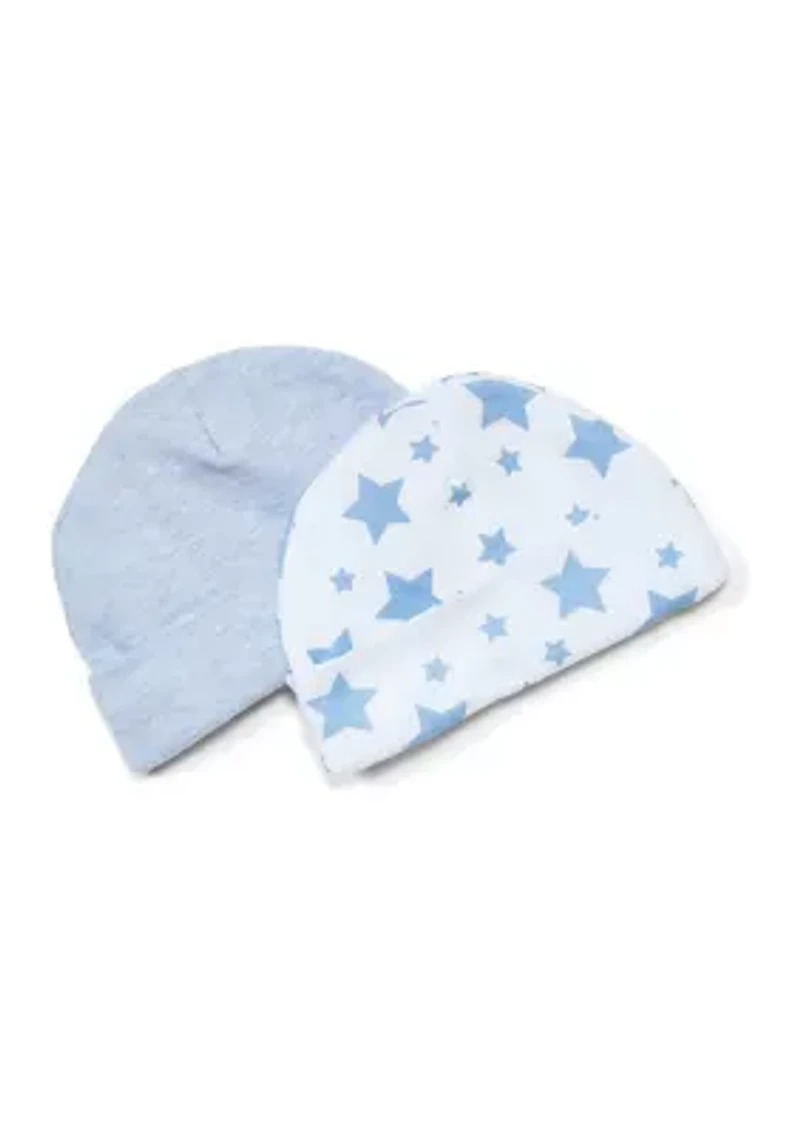 Baby Boys 2 Pack Heather Beanie Hats, Blue Stars