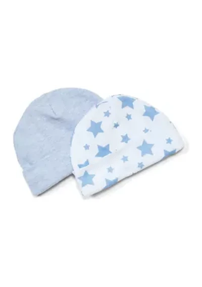 Baby Boys 2 Pack Heather Beanie Hats, Blue Stars