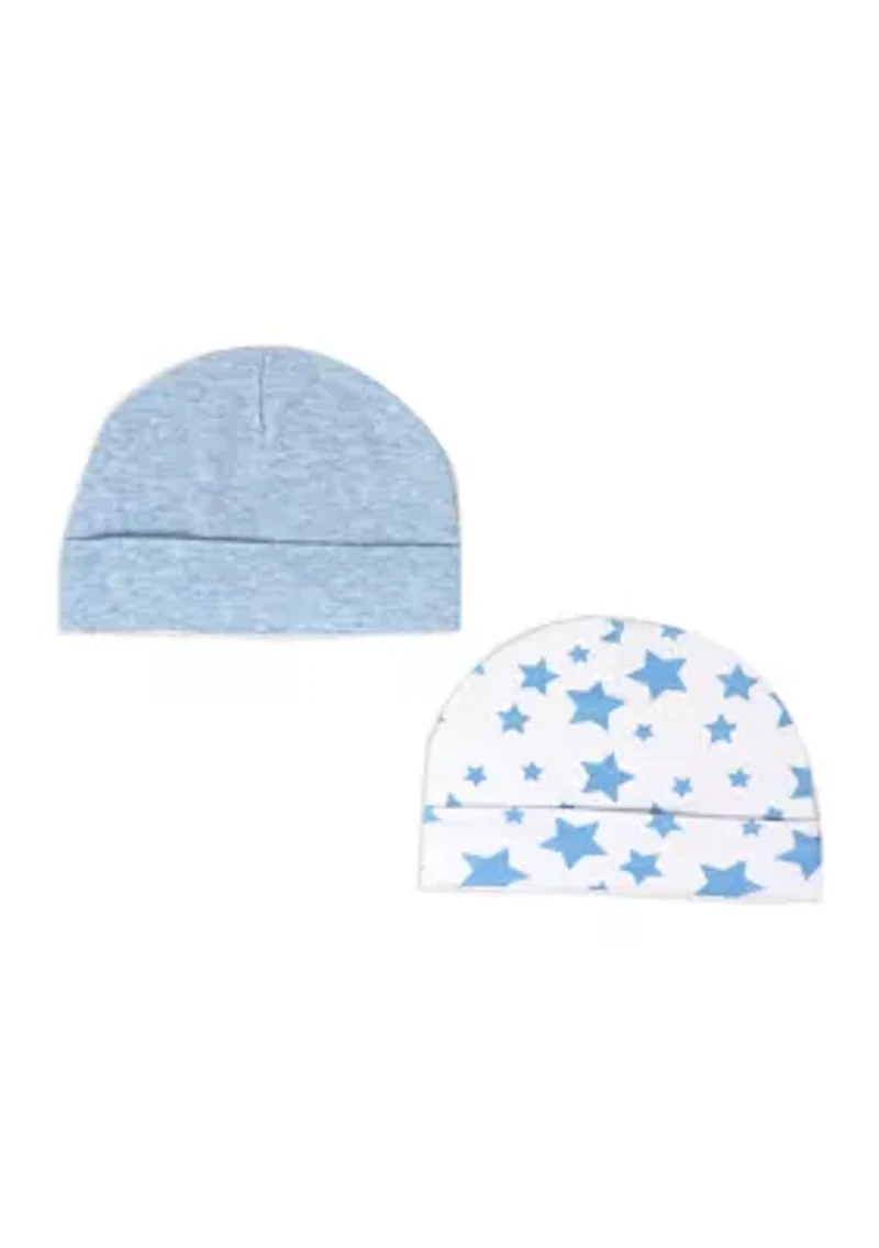 Baby Boys 2 Pack Heather Beanie Hats, Blue Stars