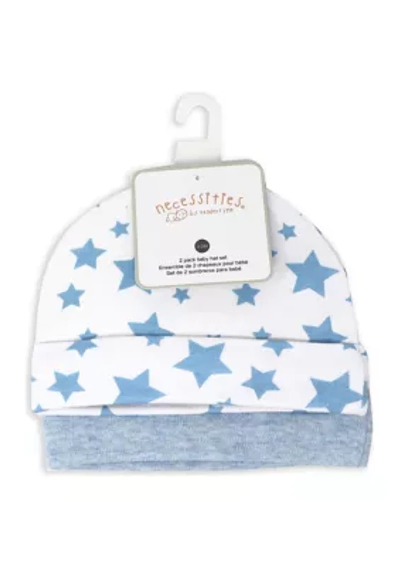Baby Boys 2 Pack Heather Beanie Hats, Blue Stars