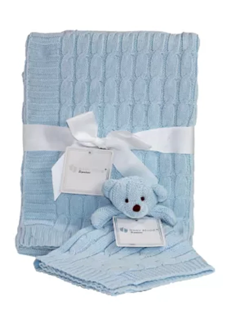 Baby Boys Blue Cable Knit Blanket Gift Set