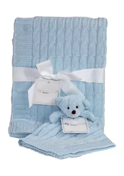 Baby Boys Blue Cable Knit Blanket Gift Set