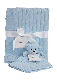Baby Boys Blue Cable Knit Blanket Gift Set